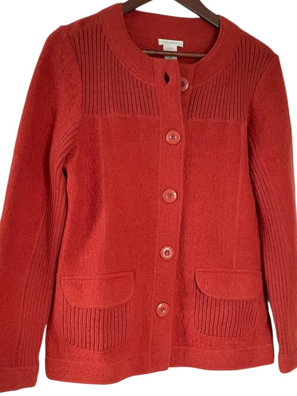 Laura Ashley Cardigan Sweater Jacket Small S Pumpkin Orange 100% Boiled Wool